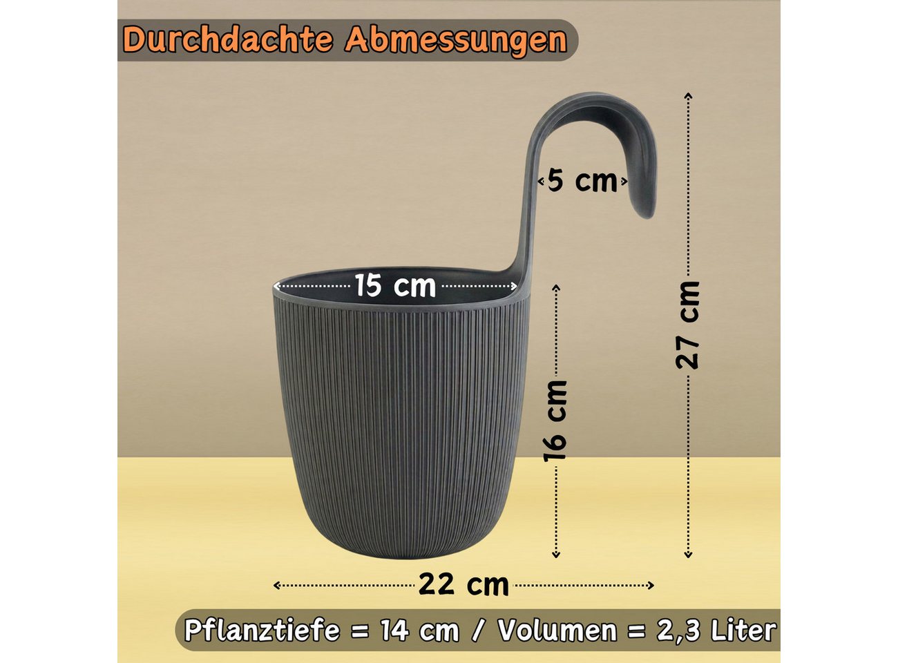Engelland Blumentopf Blumentopf zum Hängen (Vorteils-Set, 3 St., Fassungsvermögen 2,3 Liter), UV-Beständig, Frostbeständig, Drainagesystem, ideal für Geländer/Z – Bild 2 von 5