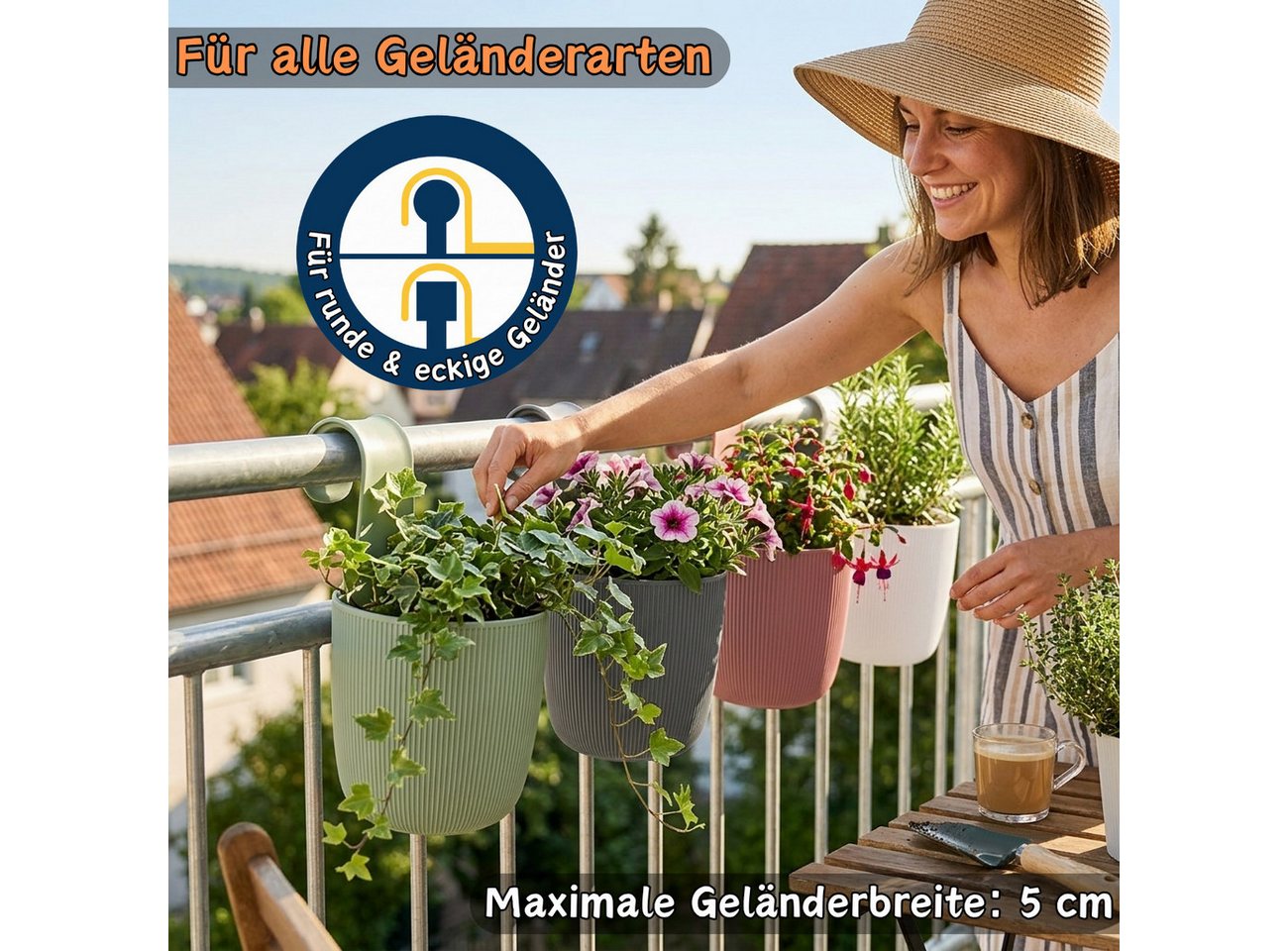 Engelland Blumentopf Blumentopf zum Hängen (Vorteils-Set, 3 St., Fassungsvermögen 2,3 Liter), UV-Beständig, Frostbeständig, Drainagesystem, ideal für Geländer/Z – Bild 3 von 5