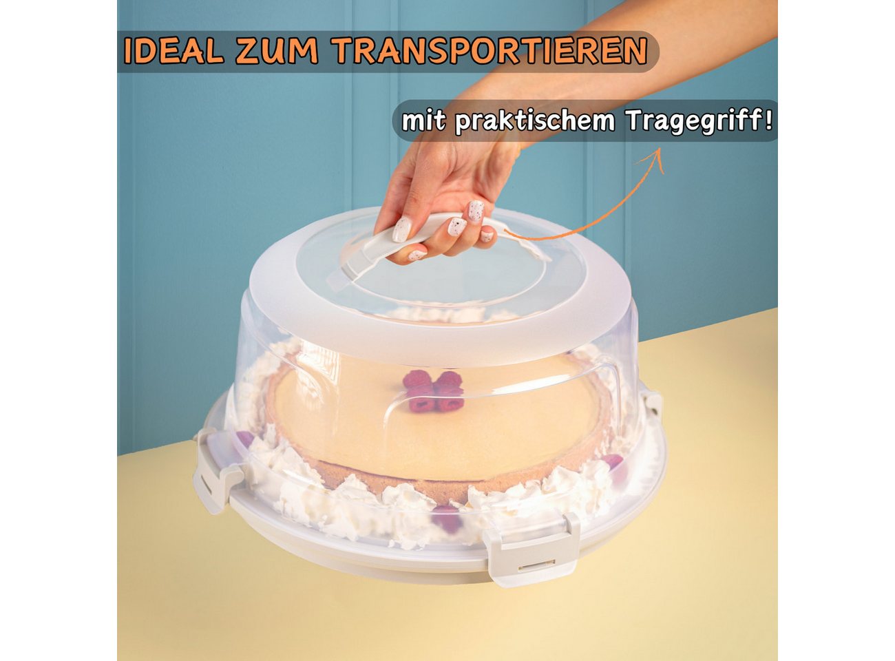 Engelland Kuchentransportbox mit Griff, Deckel und 4-fach Klick-Verschluss, rund, Kunststoff, (36,50 cm x H 17,50 cm, BPA-frei), spülmaschinengeeignet, lebensmi – Bild 4 von 5
