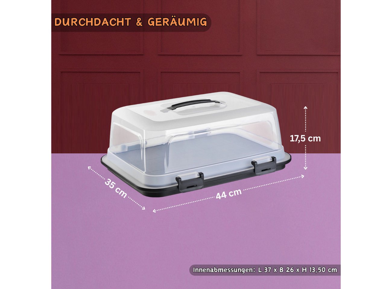 Engelland Kuchentransportbox mit Griff, Deckel und 4-fach Klick-Verschluss, rechteckig, Kunststoff, (L 44 x B 35 x H 17,50 cm, BPA-frei), spülmaschinengeeignet, – Bild 5 von 5