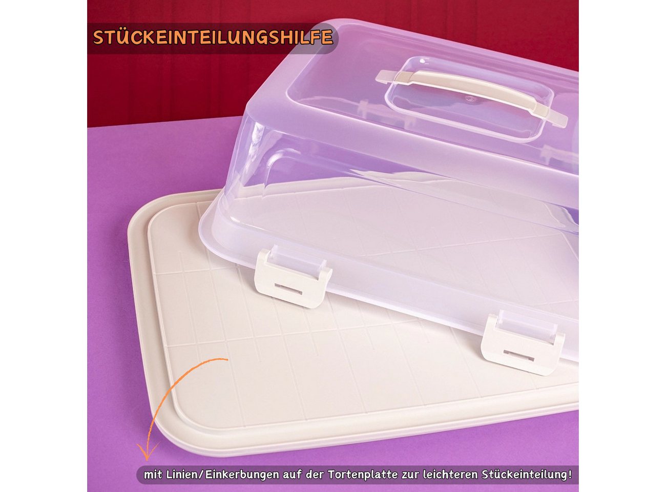 Engelland Kuchentransportbox mit Griff, Deckel und 4-fach Klick-Verschluss, rechteckig, Kunststoff, (L 44 x B 35 x H 17,50 cm, BPA-frei), spülmaschinengeeignet, – Bild 3 von 5