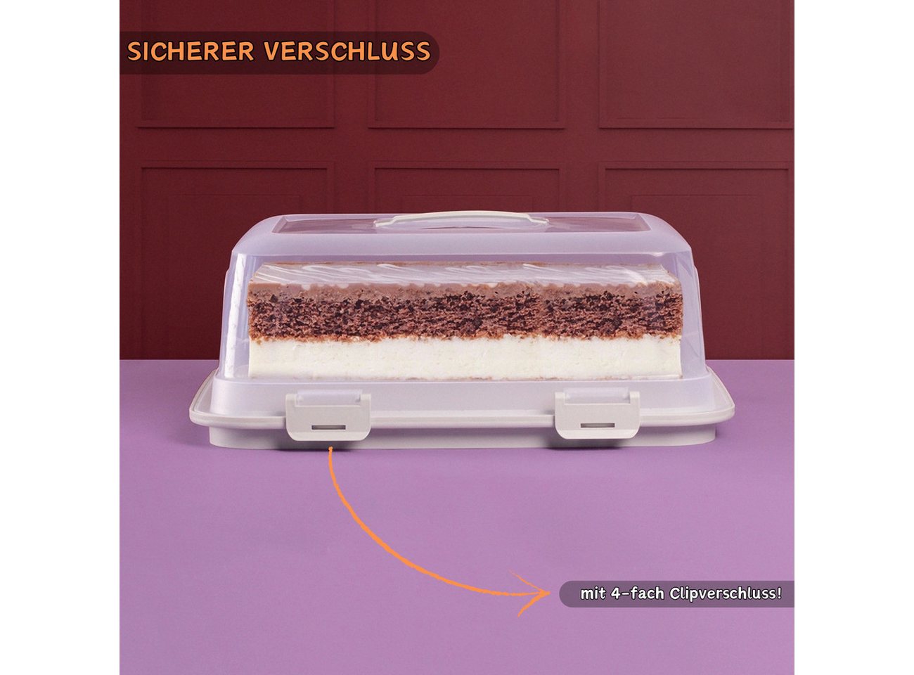 Engelland Kuchentransportbox mit Griff, Deckel und 4-fach Klick-Verschluss, rechteckig, Kunststoff, (L 44 x B 35 x H 17,50 cm, BPA-frei), spülmaschinengeeignet, – Bild 2 von 5