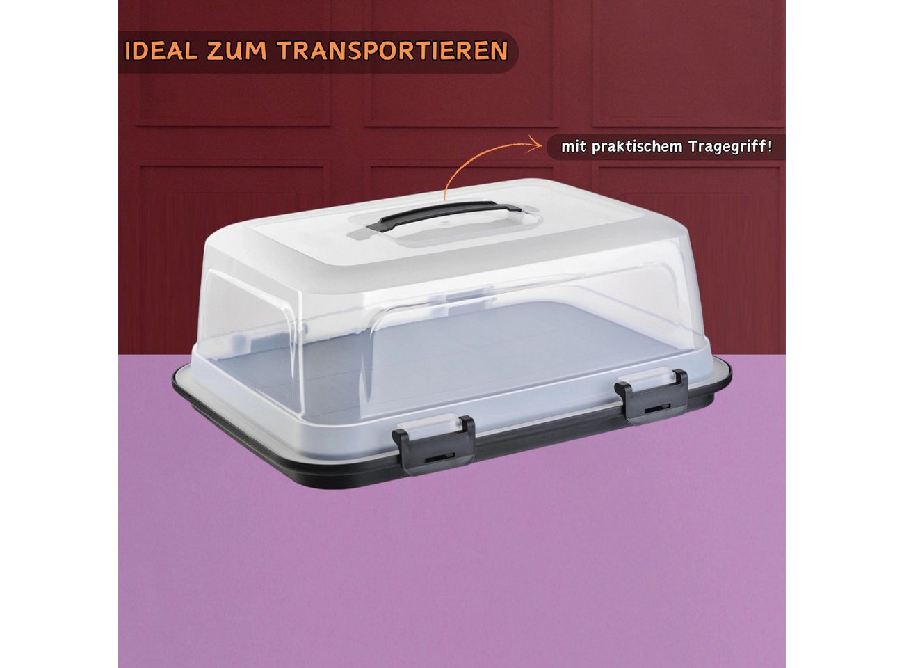 Engelland Kuchentransportbox mit Griff, Deckel und 4-fach Klick-Verschluss, rechteckig, Kunststoff, (L 44 x B 35 x H 17,50 cm, BPA-frei), spülmaschinengeeignet, – Bild 4 von 5