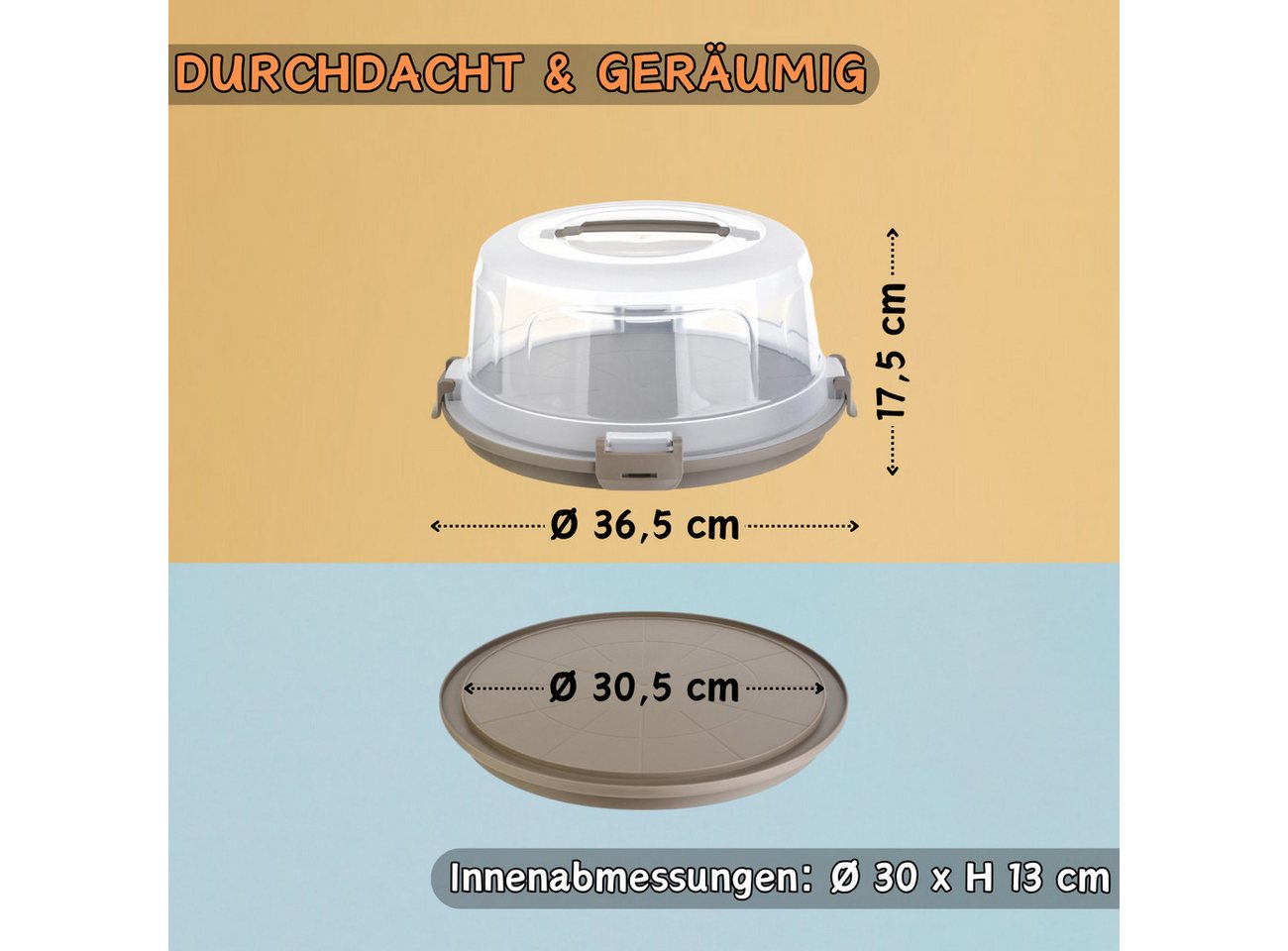Engelland Kuchentransportbox mit Griff, Deckel und 4-fach Klick-Verschluss, rund, Kunststoff, (36,50 cm x H 17,50 cm, BPA-frei), spülmaschinengeeignet, lebensmi – Bild 5 von 5