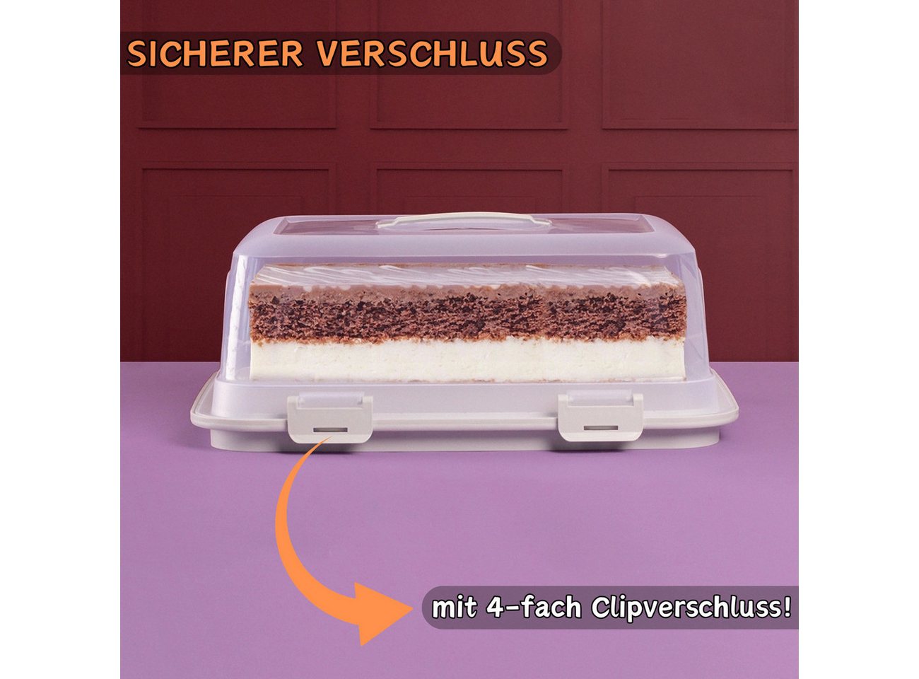 Engelland Kuchentransportbox mit Griff, Deckel und 4-fach Klick-Verschluss, rechteckig, Kunststoff, (L 44 x B 35 x H 17,50 cm, BPA-frei), spülmaschinengeeignet, – Bild 2 von 5