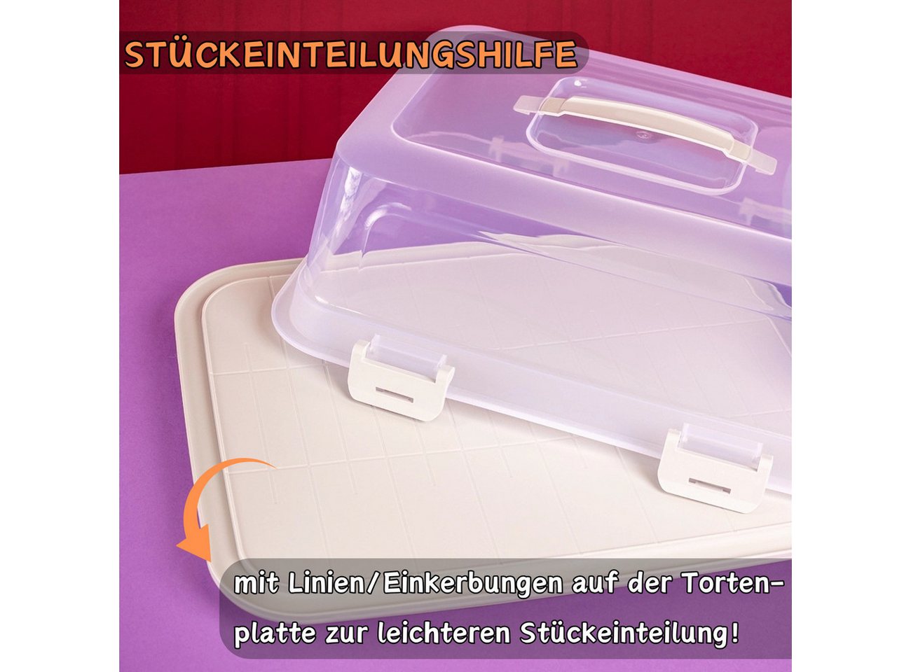 Engelland Kuchentransportbox mit Griff, Deckel und 4-fach Klick-Verschluss, rechteckig, Kunststoff, (L 44 x B 35 x H 17,50 cm, BPA-frei), spülmaschinengeeignet, – Bild 3 von 5