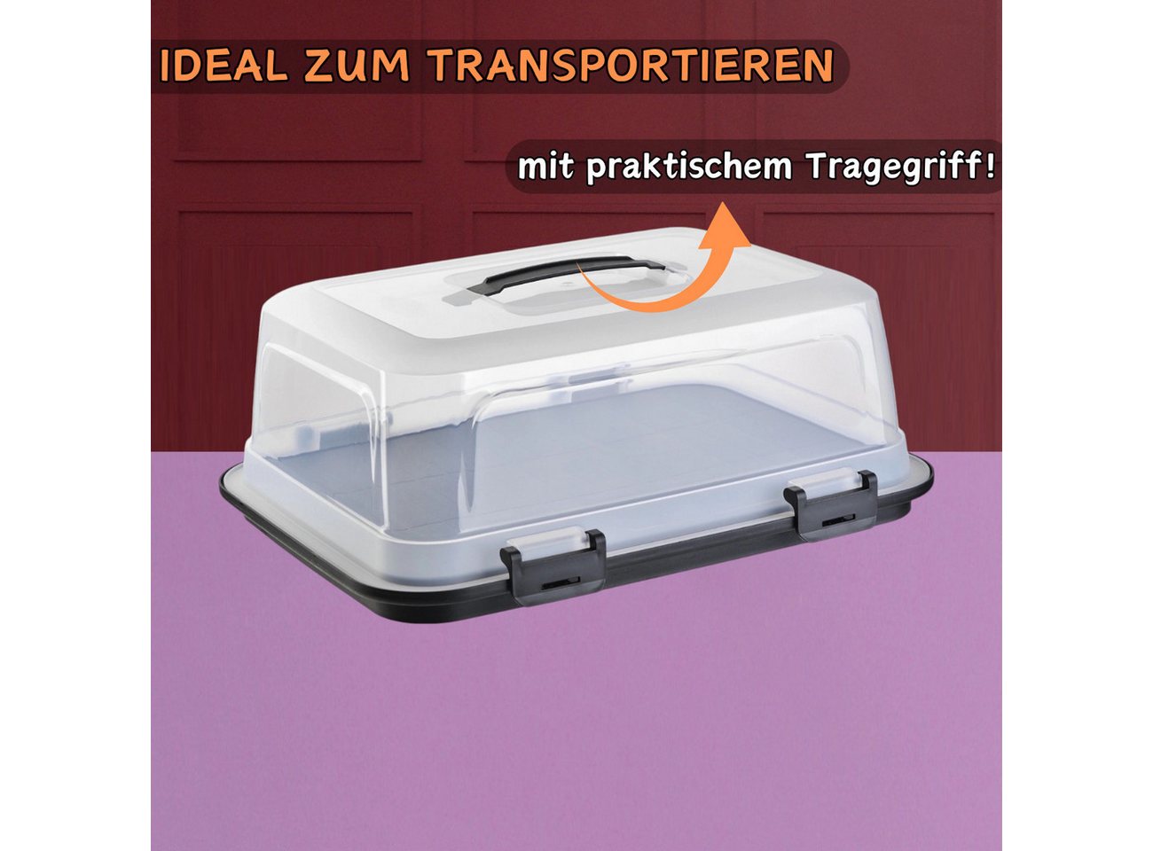 Engelland Kuchentransportbox mit Griff, Deckel und 4-fach Klick-Verschluss, rechteckig, Kunststoff, (L 44 x B 35 x H 17,50 cm, BPA-frei), spülmaschinengeeignet, – Bild 4 von 5