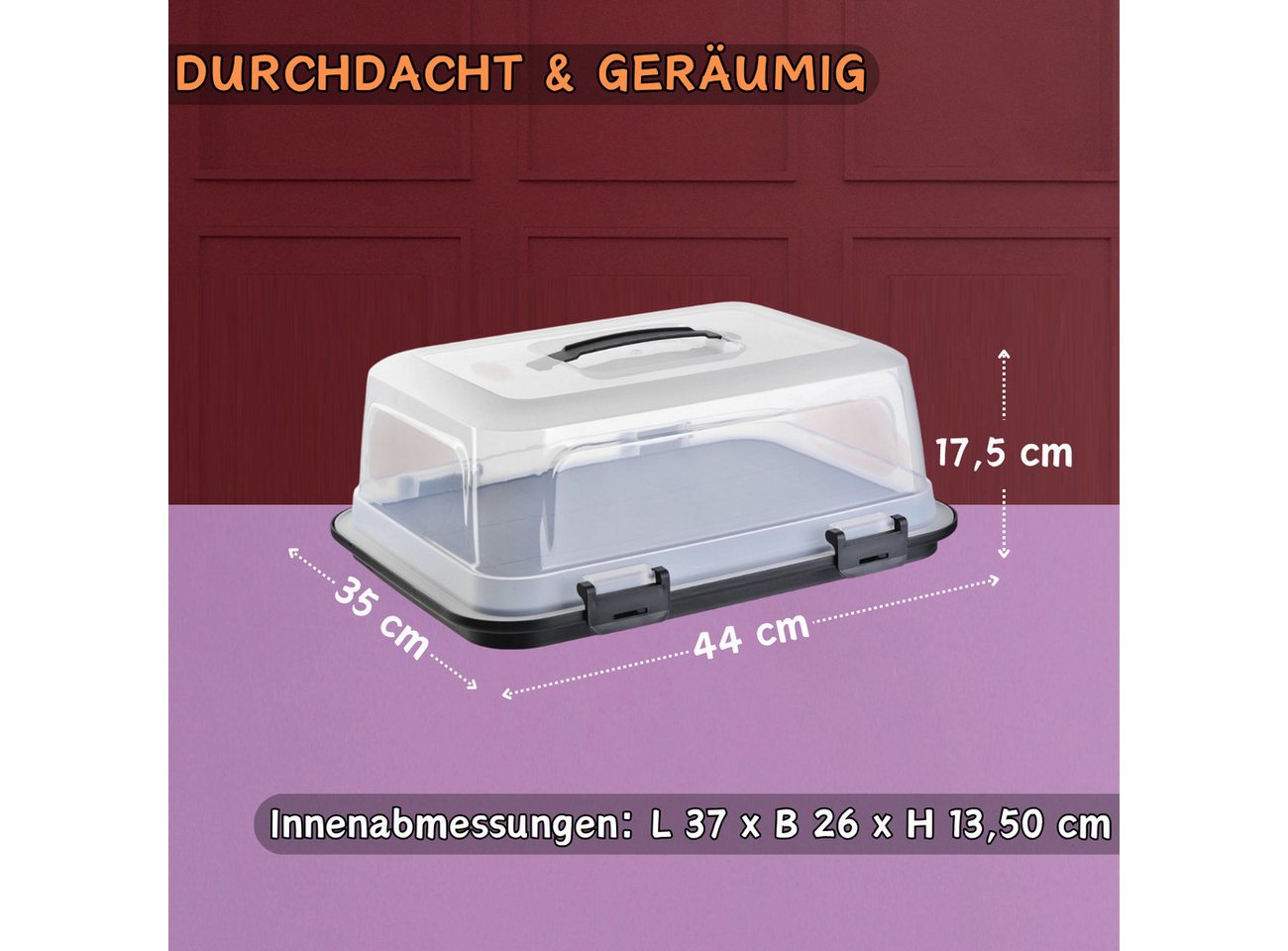Engelland Kuchentransportbox mit Griff, Deckel und 4-fach Klick-Verschluss, rechteckig, Kunststoff, (L 44 x B 35 x H 17,50 cm, BPA-frei), spülmaschinengeeignet, – Bild 5 von 5