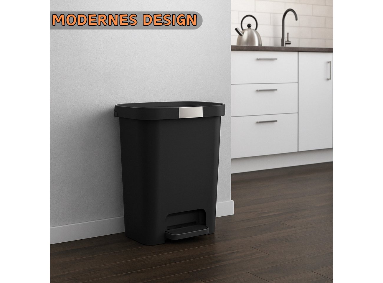 Engelland Mülleimer Abfalleimer mit Deckel und Pedal, 25 L, Treteimer, Soft-Close, verschließbarer Deckel, rutschfeste Füße – Bild 3 von 5