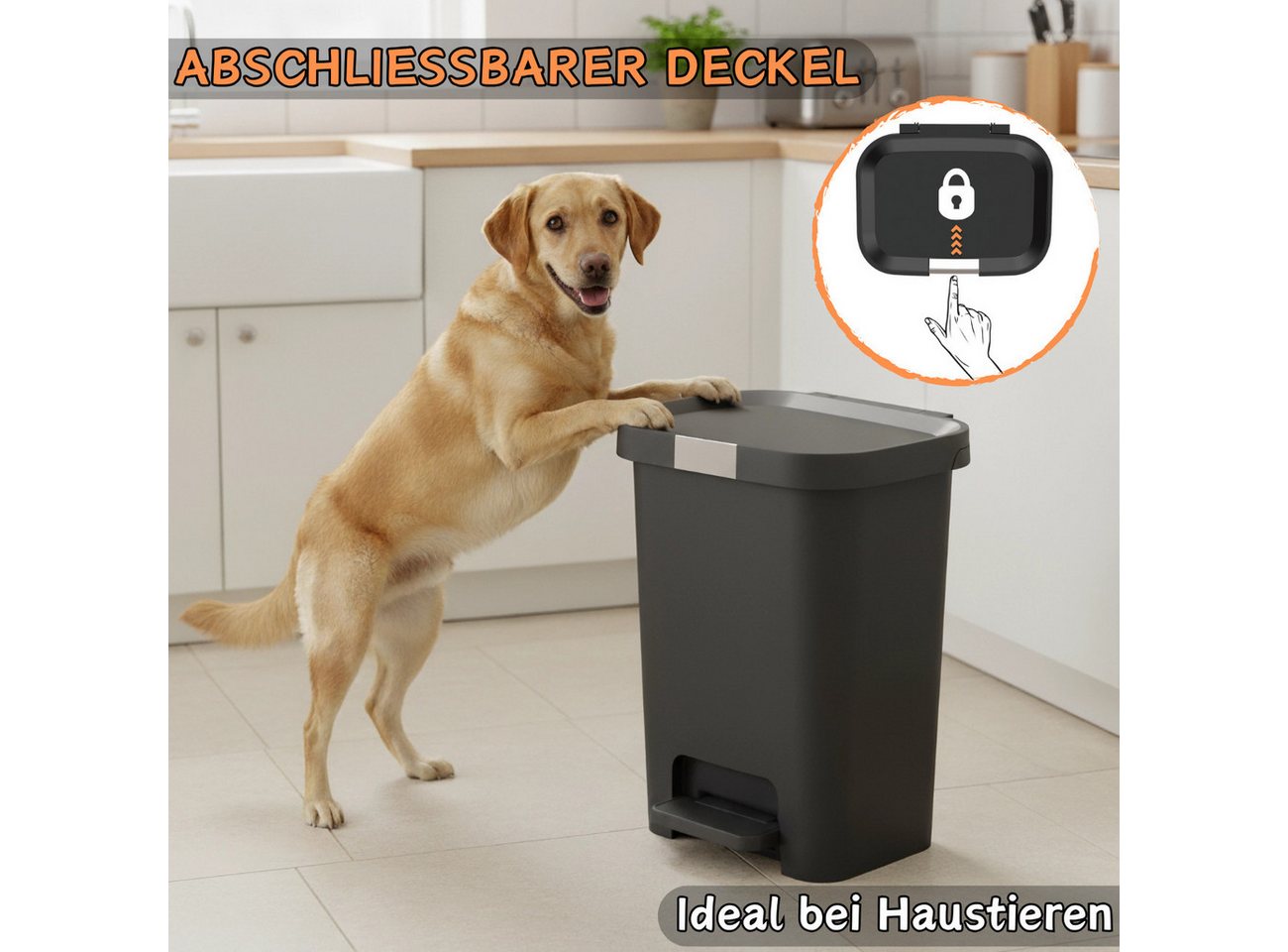 Engelland Mülleimer Abfalleimer mit Deckel und Pedal, 25 L, Treteimer, Soft-Close, verschließbarer Deckel, rutschfeste Füße – Bild 5 von 5