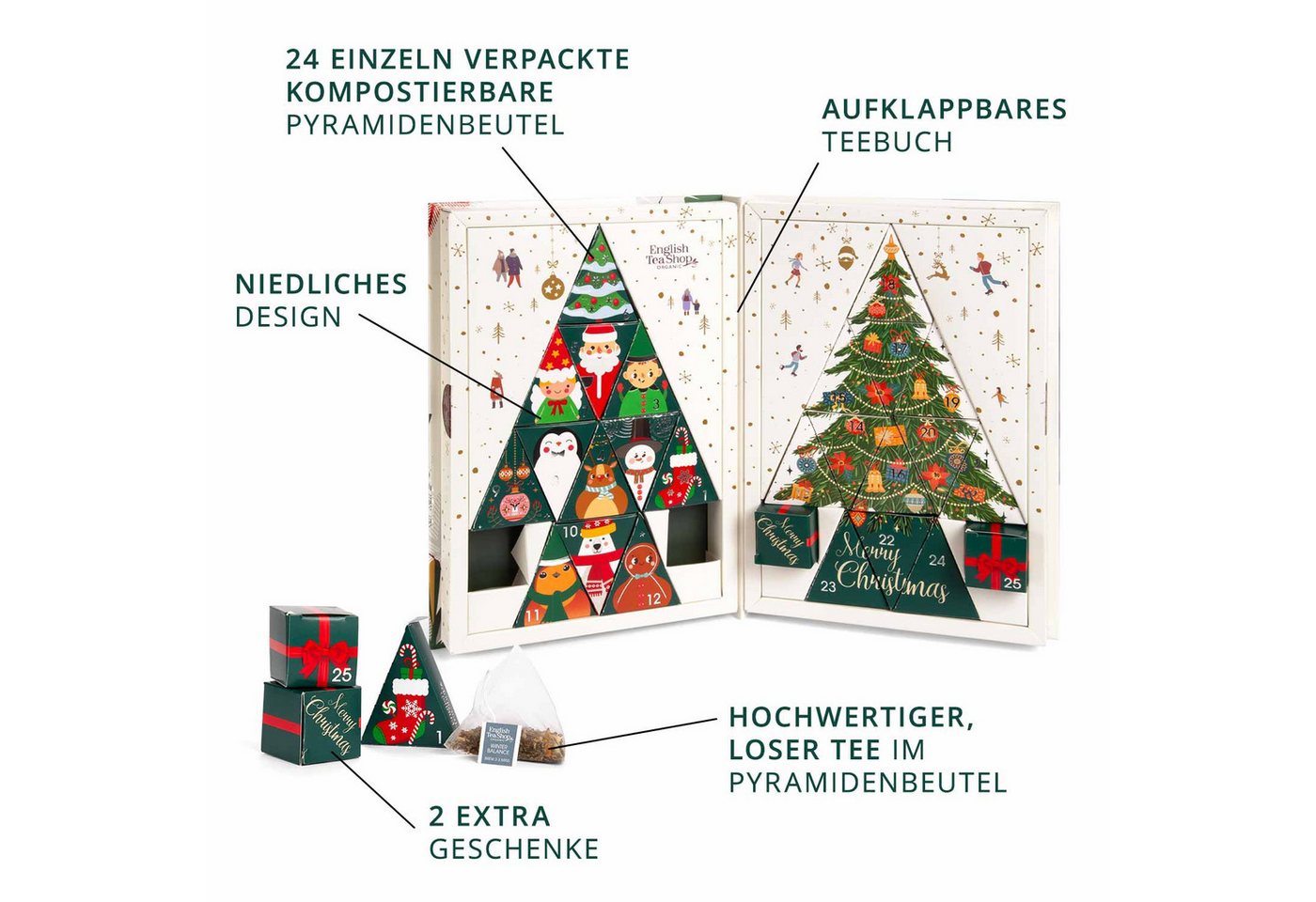 English Tea Shop Tee Adventskalender "Teebuch", BIO, 24 x Weihnachtstee in Pyramidenbeutel, Verschiedene Früchte-, Kräuter, Weihnachts- Teemischungen – Bild 3 von 5