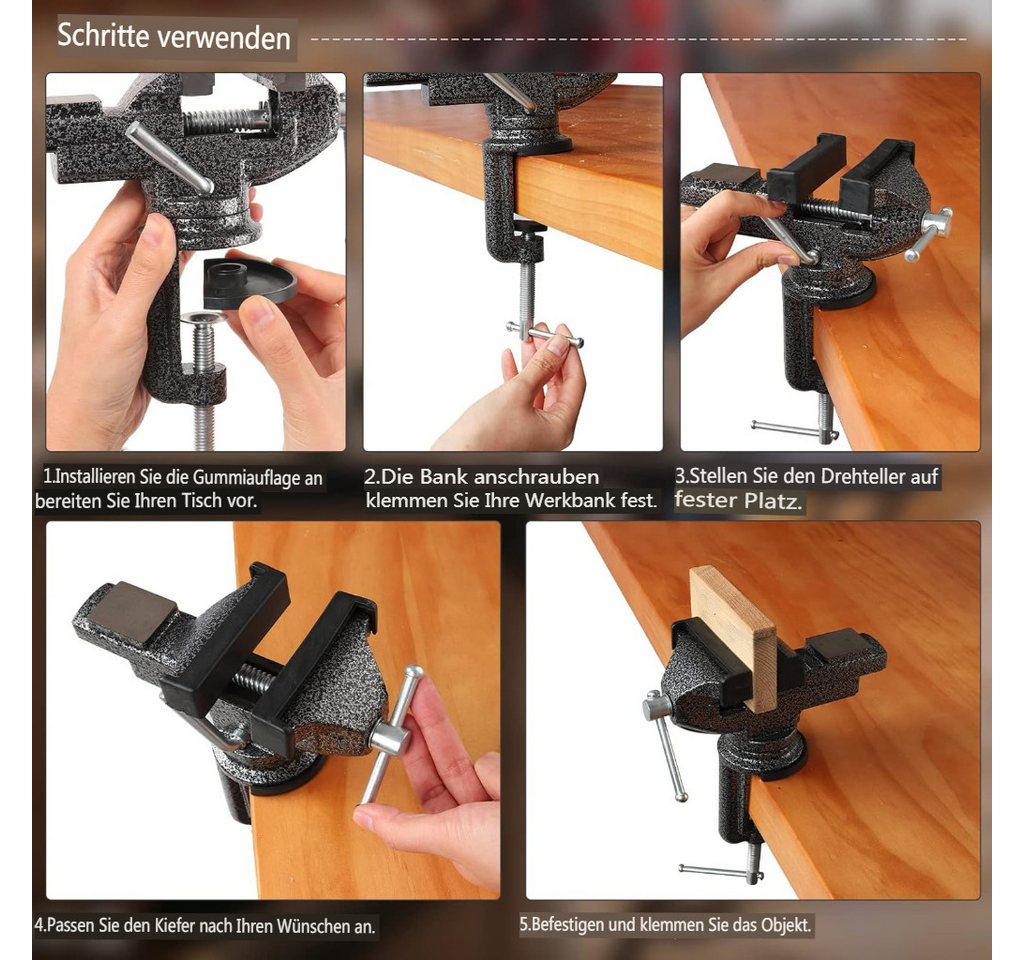 ENJOYWOOD Schraubstock, 1-St., 3,15 Zoll Tischklemme, 360°-Schwenkbasis, Universal Schraubstock für Heimgebrauch mit 62 mm Spannweite – Bild 4 von 4