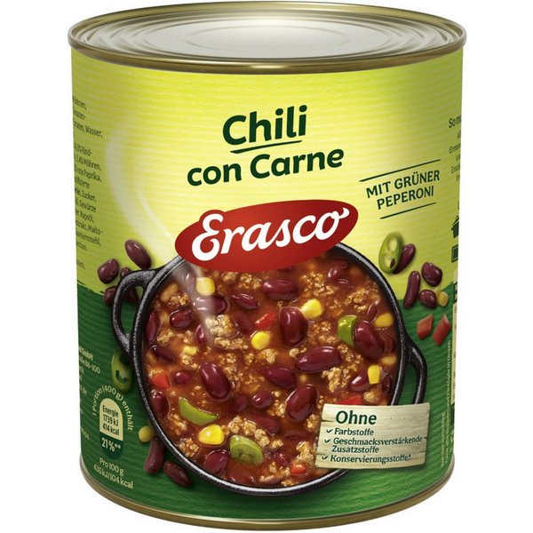ERASCO Fertiggericht, Erasco Chili con Carne mit grüner Peperoni herzhafter Geschmack 800g