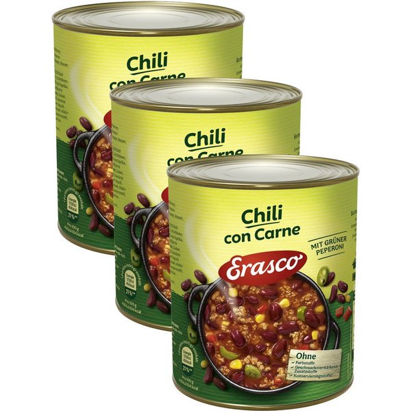ERASCO Fertiggericht, Erasco Chili con Carne mit grüner Peperoni Packung 800g 3er Pack