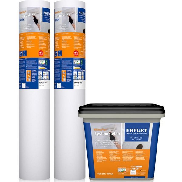 ERFURT Vliestapete KlimaTec Thermovlies Basic Dämmtapete + Kleber Systemkleber Dämmung, (Set, 2 Rollen Thermovlies Basic 10 x 0,75m + 1 Eimer Systemkleber (10kg
