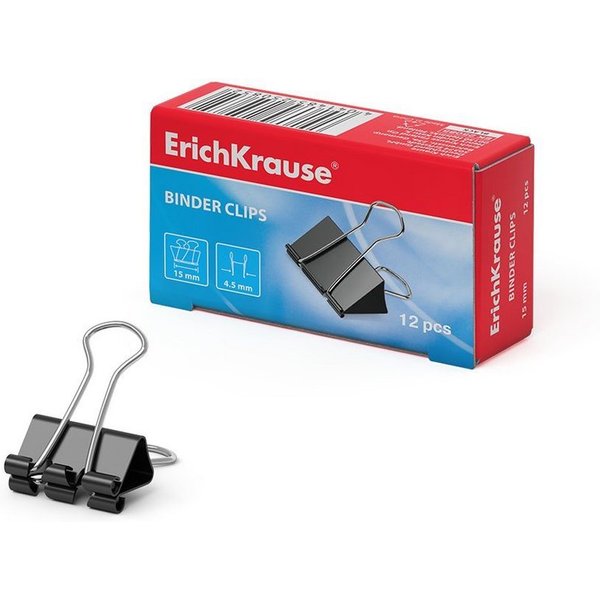 Erich Krause Büroklammer, Foldback Klammern 15mm Metall 12 Stück Schwarz