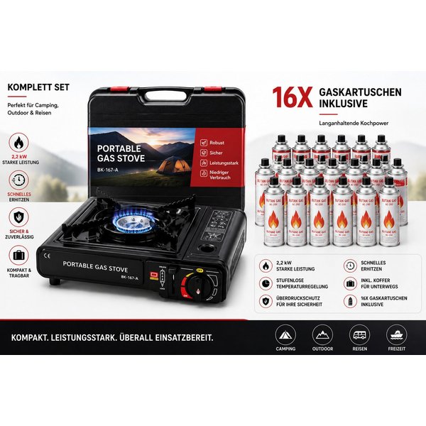Ertex Gaskocher Campingkocher Gasherd portabel Campingherd mit Koffer & Gaskartuschen