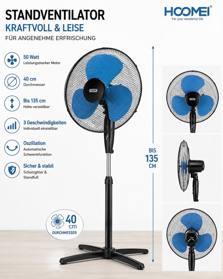 Ertex Standventilator Ventilator Standventilator Turm 50W, 40 cm, Höhe 135 cm, BLACK BLUE – Bild 3 von 5