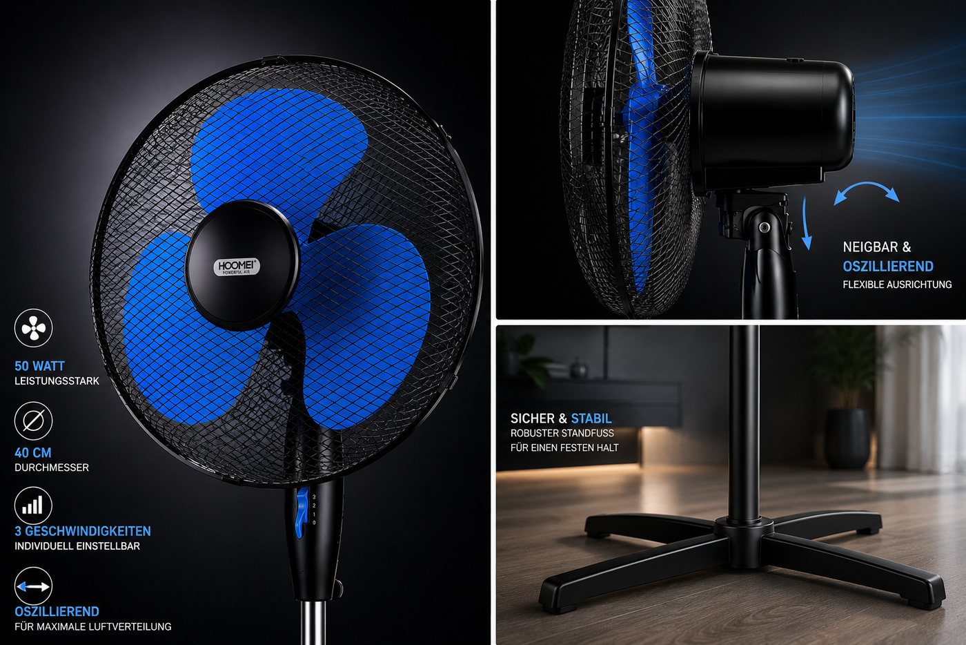 Ertex Standventilator Ventilator Standventilator Turm 50W, 40 cm, Höhe 135 cm, BLACK BLUE – Bild 5 von 5