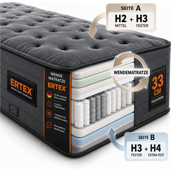 Taschenfederkernmatratze Matratze 33 cm H2/H3 & H3/H4 Wendematratze Premium 7 Zonen BLACK, Ertex, 33 cm hoch