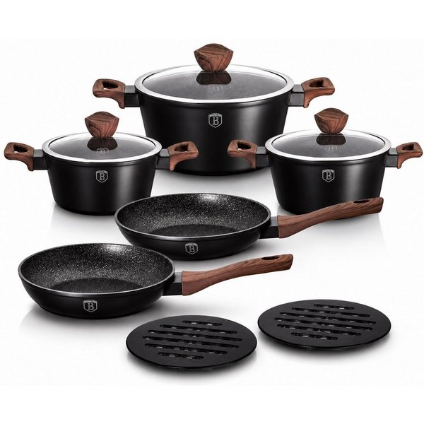 Ertex Topf-Set 10tlg. Set Pfanne Kochtopf, Töpfe, braune Griffe, Kasserolle BH1534, Aluminiumguss, Aluguss Material mit Granit Beschichtung