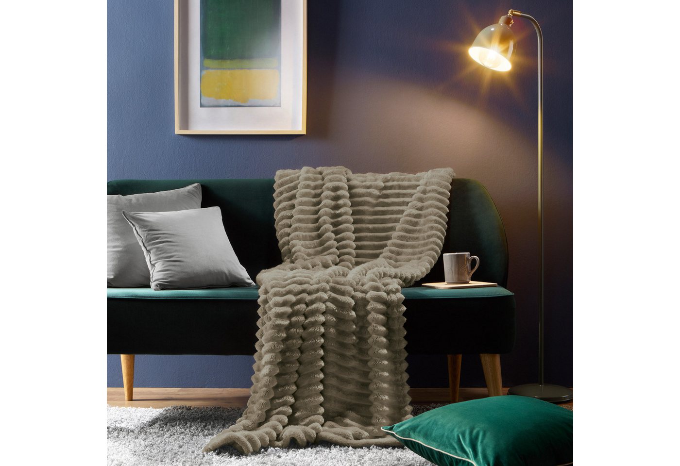 Wohndecke Wohndecke "Aosta" 2er-Pack, Erwin Müller, Fleece in Cordoptik Uni/Hoch- Tiefstruktur – Bild 4 von 5