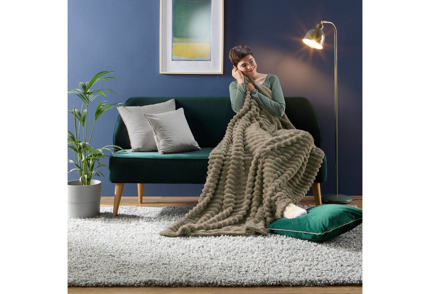 Wohndecke Wohndecke "Aosta" 2er-Pack, Erwin Müller, Fleece in Cordoptik Uni/Hoch- Tiefstruktur – Bild 5 von 5