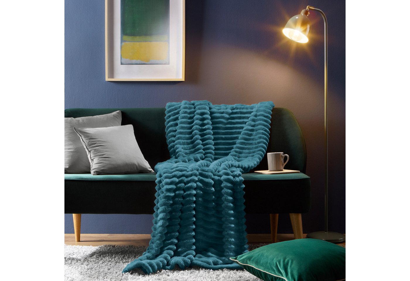 Wohndecke Wohndecke "Aosta" 2er-Pack, Erwin Müller, Fleece in Cordoptik Uni/Hoch- Tiefstruktur – Bild 4 von 5