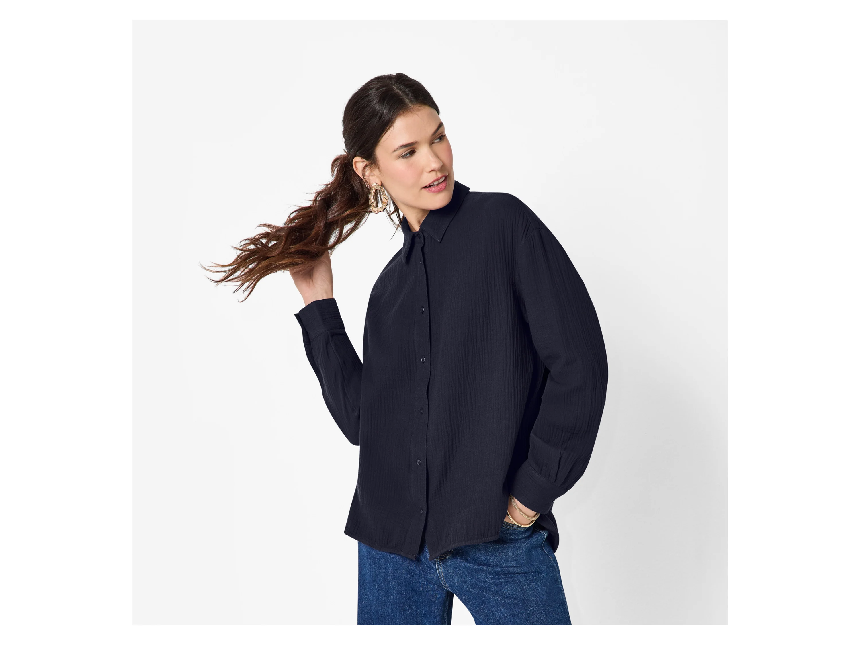 ESMARA® Damen Bluse langarm Musselin (Navy, M(40/42)) – Bild 2 von 4