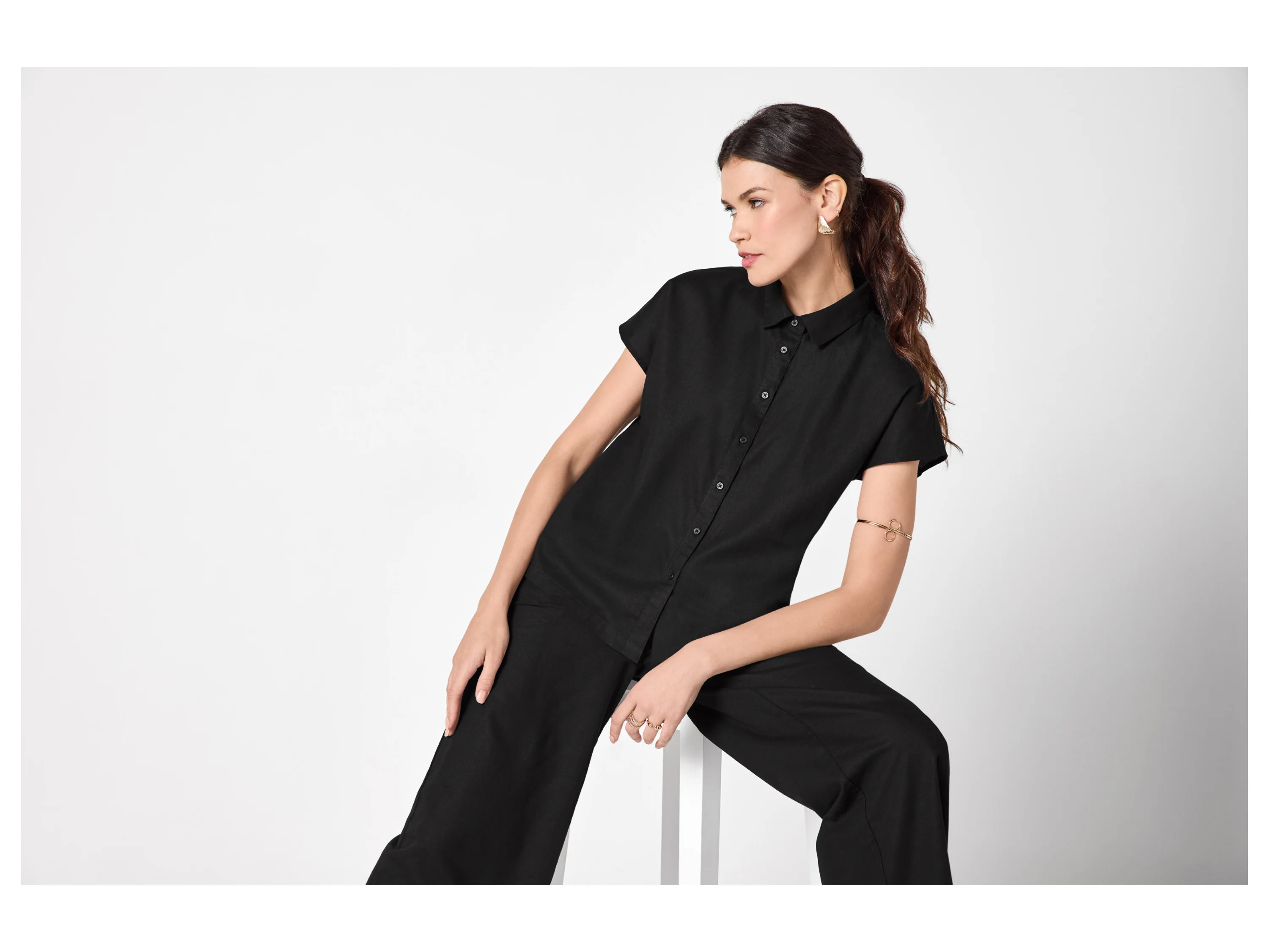 ESMARA® Damen Bluse mit Leinen (Schwarz, M (40/42)) – Bild 2 von 3