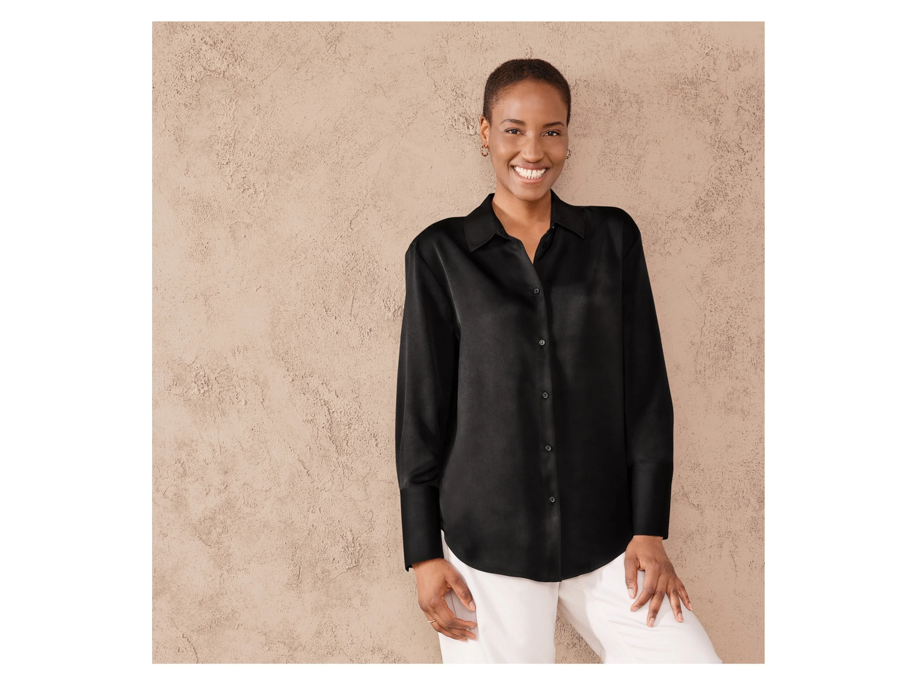 ESMARA® Damen Bluse Satin (Schwarz, 42) – Bild 2 von 4