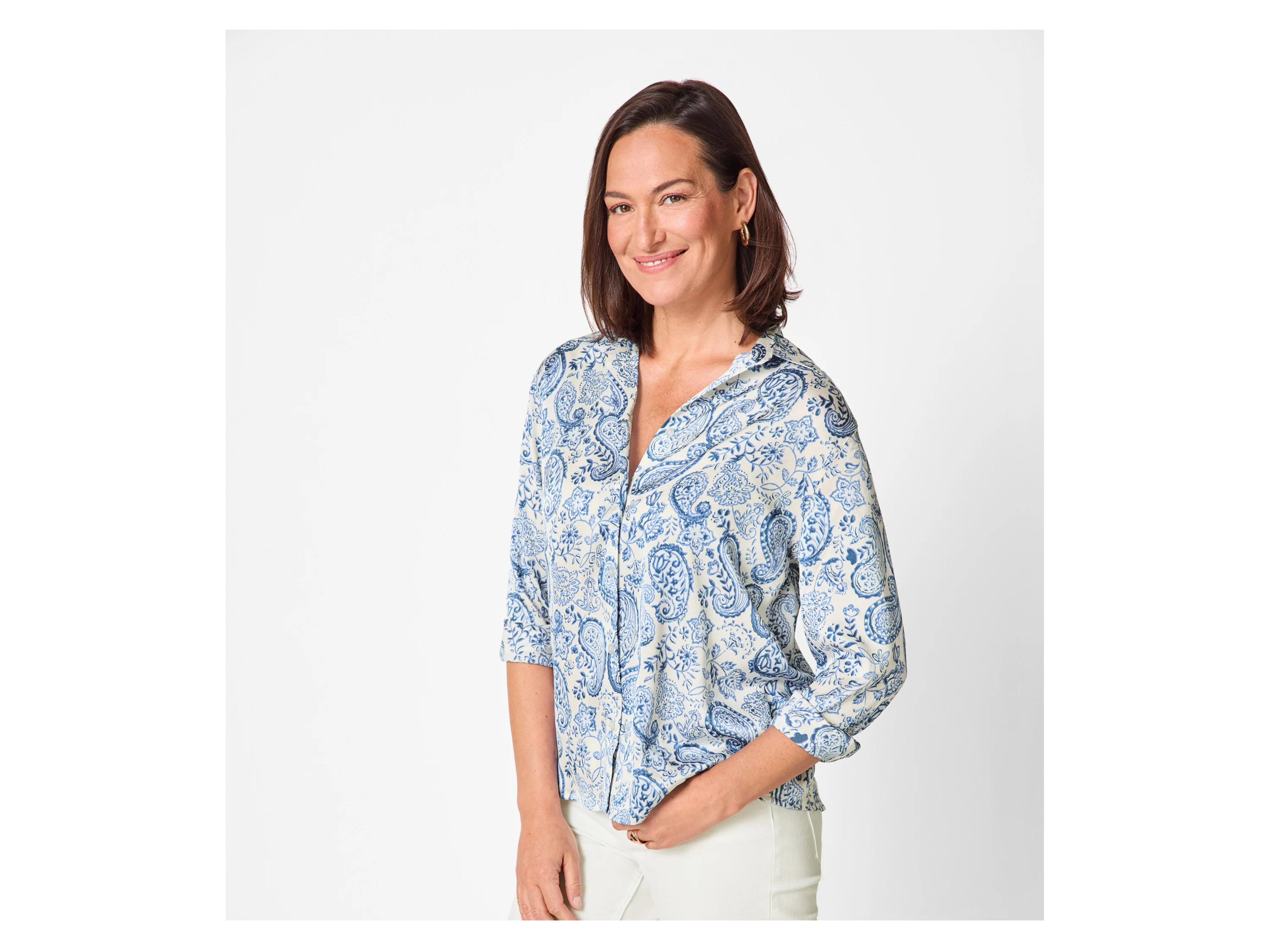 ESMARA® Damen Bluse Satin (weiß/blau, XS(32/34)) – Bild 2 von 4