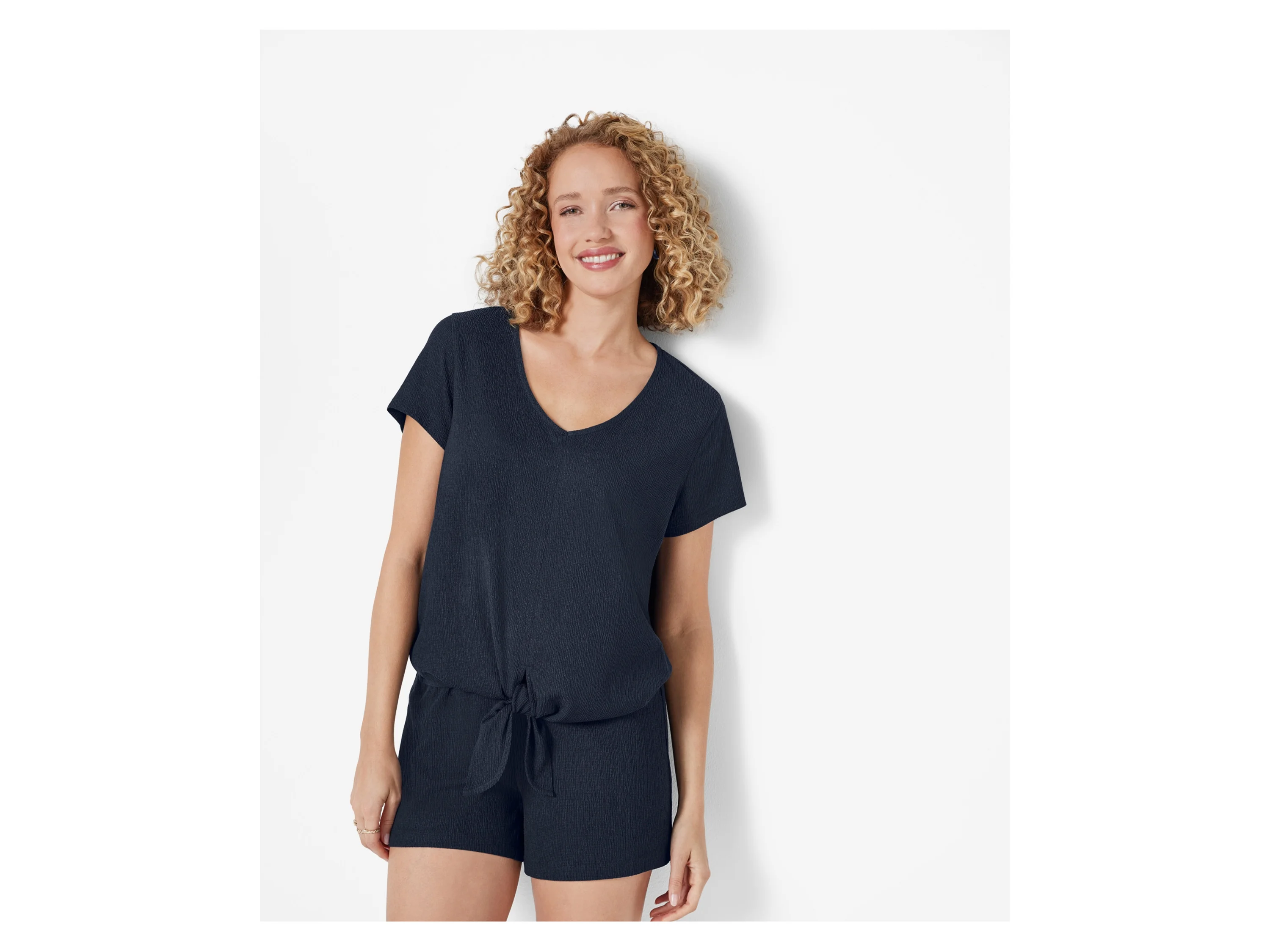 ESMARA® Damen Bluse Struktur mit Knoten (Navy, XS (32/34)) – Bild 2 von 4