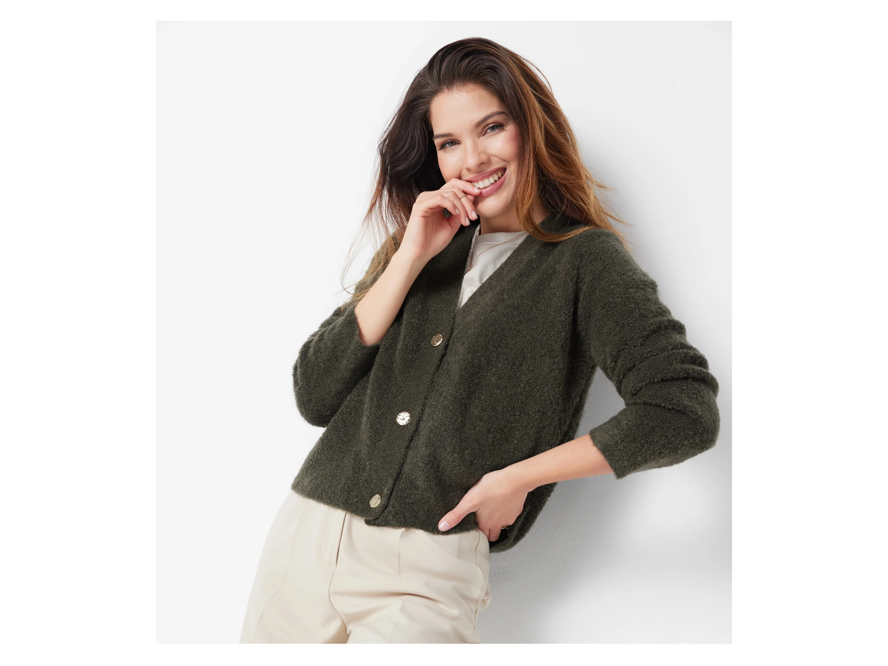 ESMARA® Damen Bouclé-Strickcardigan (Olive, M(40/42)) – Bild 2 von 3