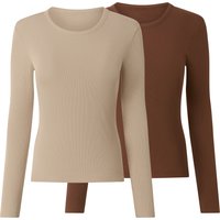 ESMARA® Damen Gerippte Langarmshirts, 2 Stück (beige/braun, L (44/46))