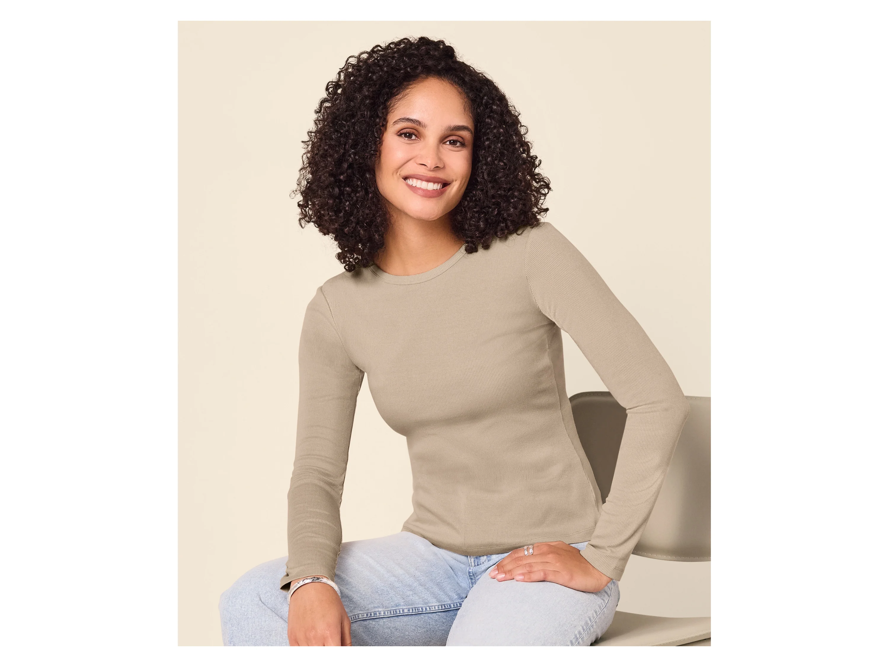 ESMARA® Damen Gerippte Langarmshirts, 2 Stück (beige/braun, L (44/46)) – Bild 3 von 4