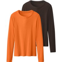 ESMARA® Damen Gerippte Langarmshirts, 2 Stück (dunkelbraun/orange, M(40/42))