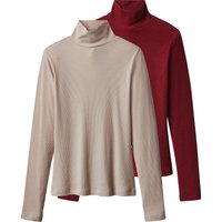 ESMARA® Damen Gerippte Rollkragenshirts, 2 Stück (rot/beige, L(44/46))