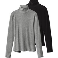 ESMARA® Damen Gerippte Rollkragenshirts, 2 Stück (schwarz/grau, XS(32/34))