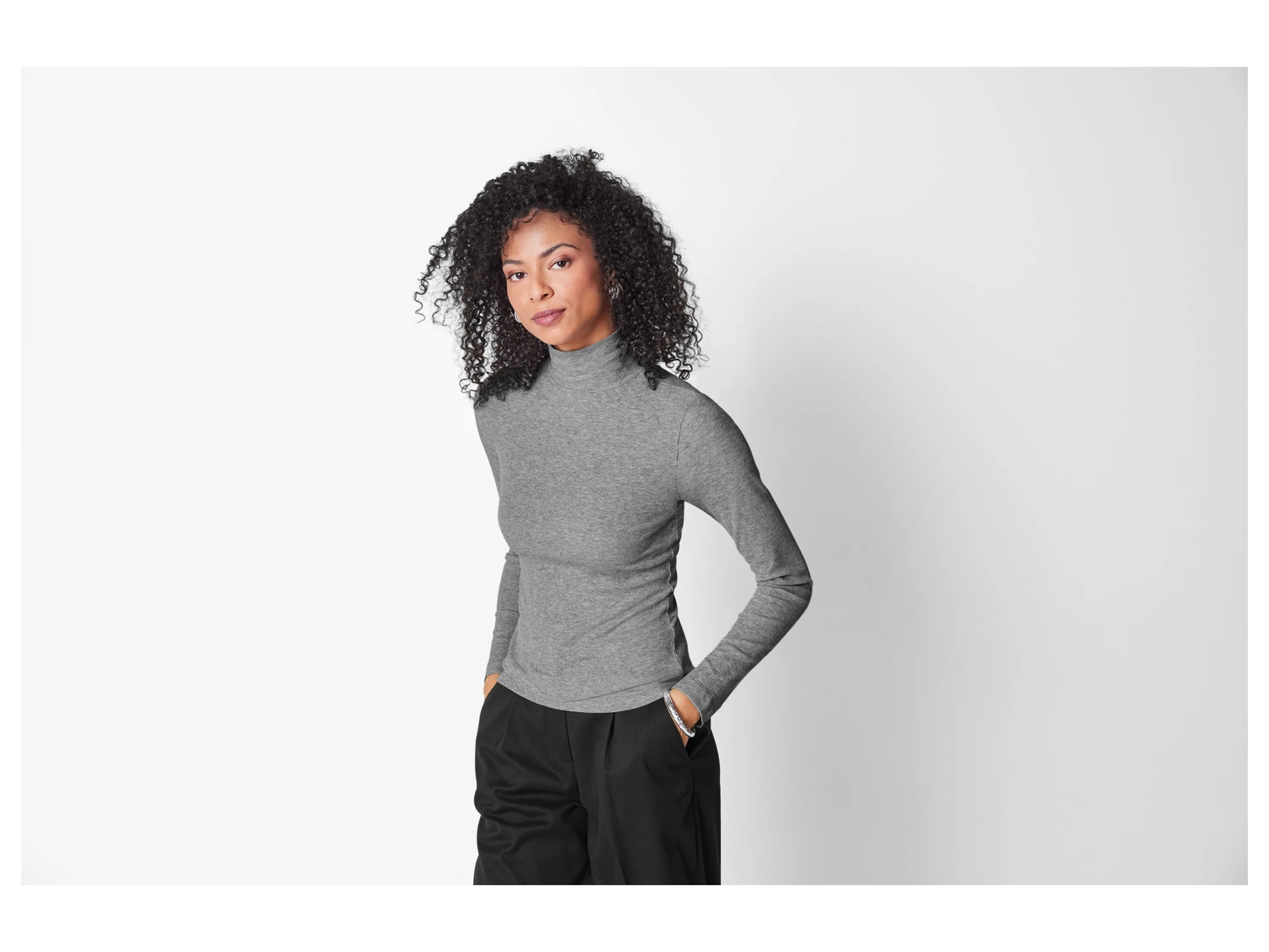 ESMARA® Damen Gerippte Rollkragenshirts, 2 Stück (schwarz/grau, M(40/42)) – Bild 3 von 4