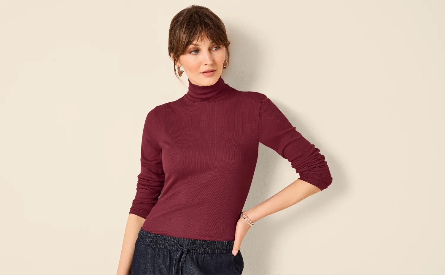 ESMARA® Damen Gerippte Rollkragenshirts, 2 Stück (rot/beige, L(44/46)) – Bild 3 von 4