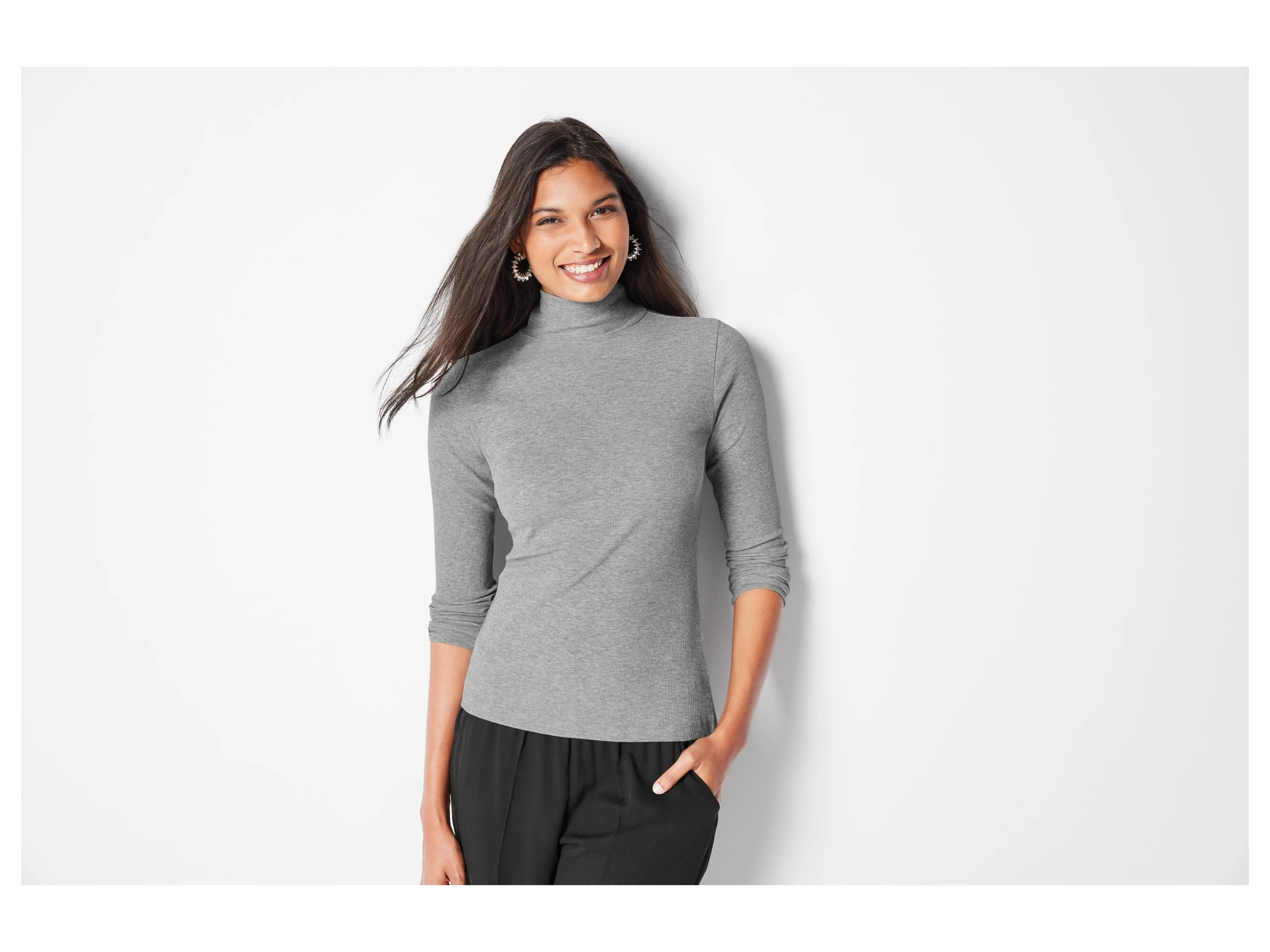 ESMARA® Damen Langarmshirt Rollkragen Rippe (Grau, L(44/46)) – Bild 2 von 4