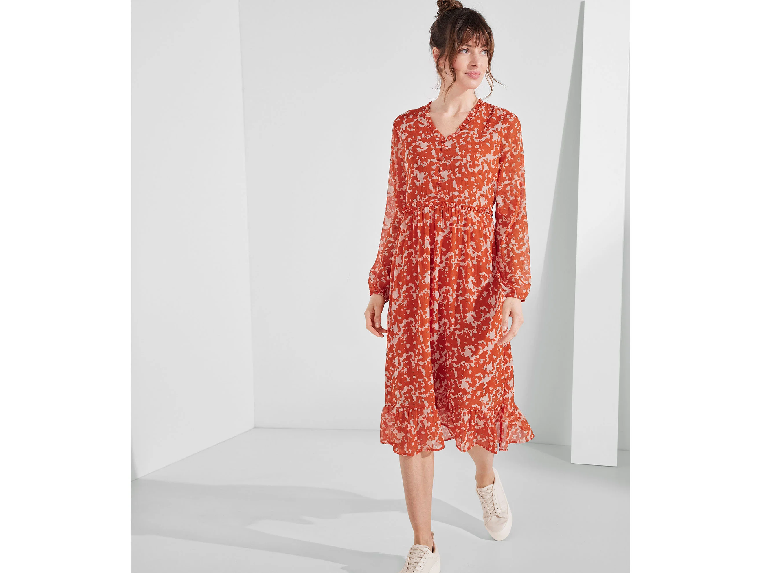 ESMARA® Damen Midi-Kleid (gemustert/orange, 38) – Bild 2 von 4
