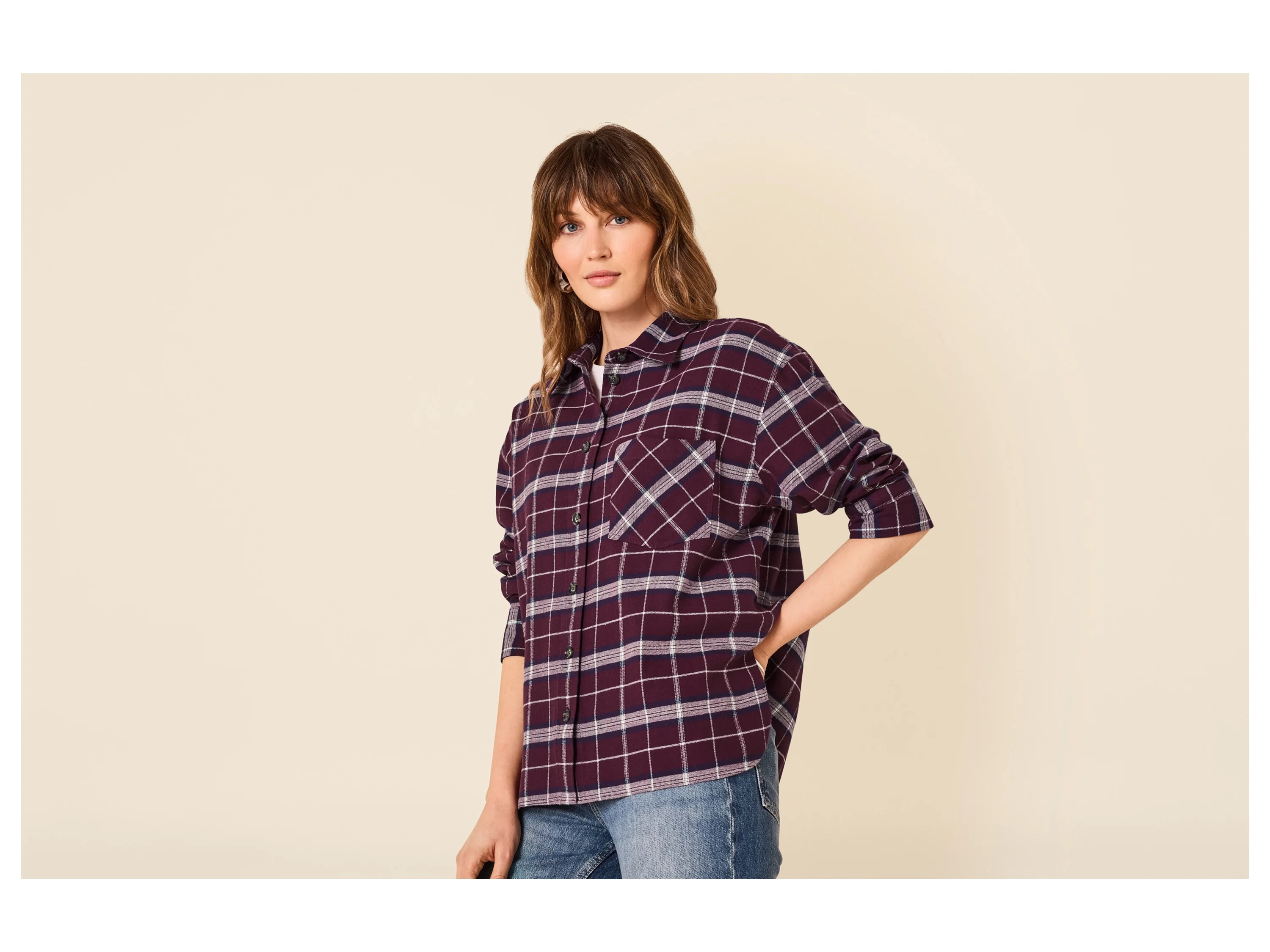 ESMARA® Damen Oversize-Flanellbluse (Bordeaux, XS (32/34)) – Bild 2 von 4