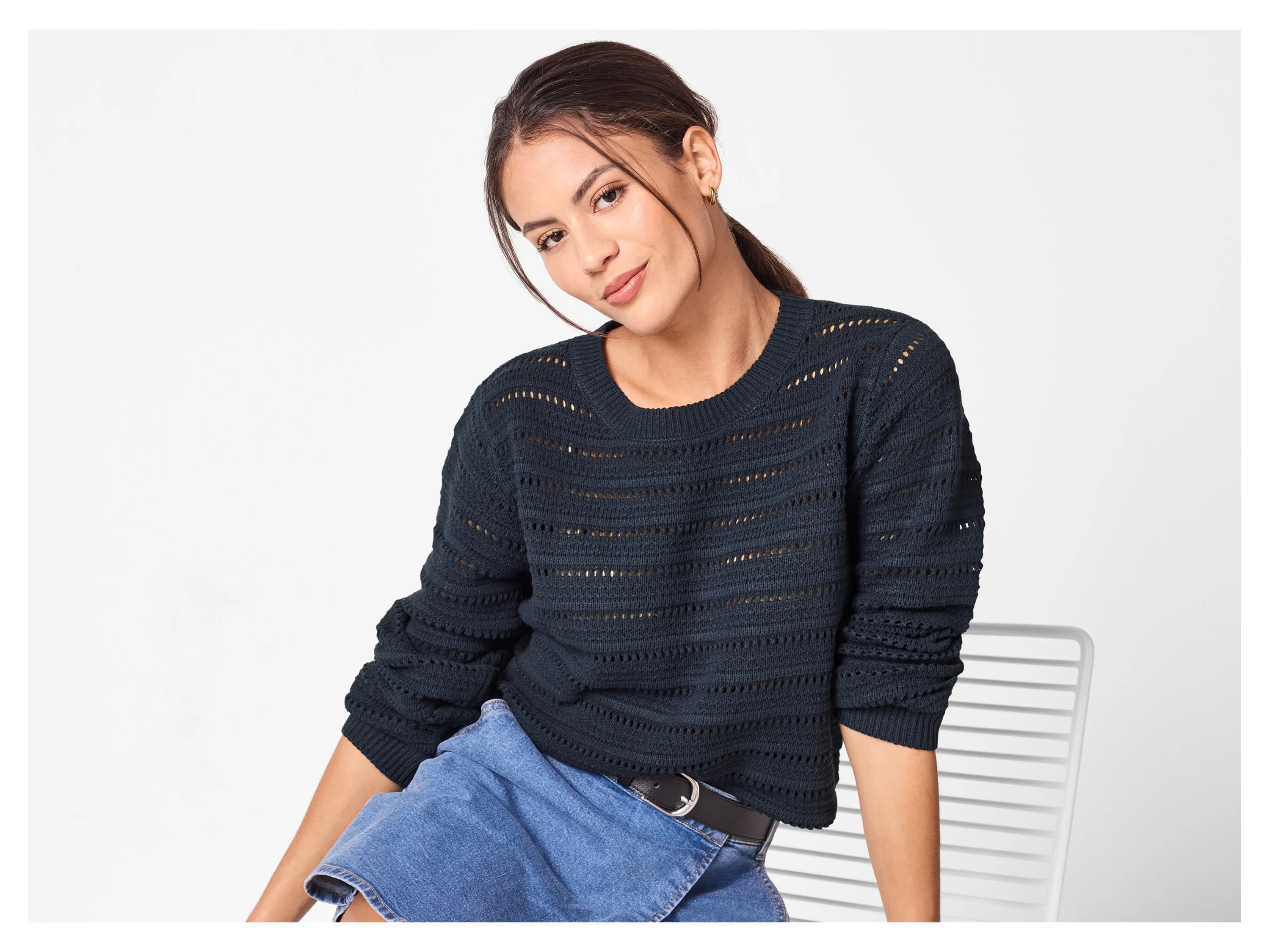 ESMARA® Damen Pullover Lochstrick (Navy, S(36/38)) – Bild 2 von 3