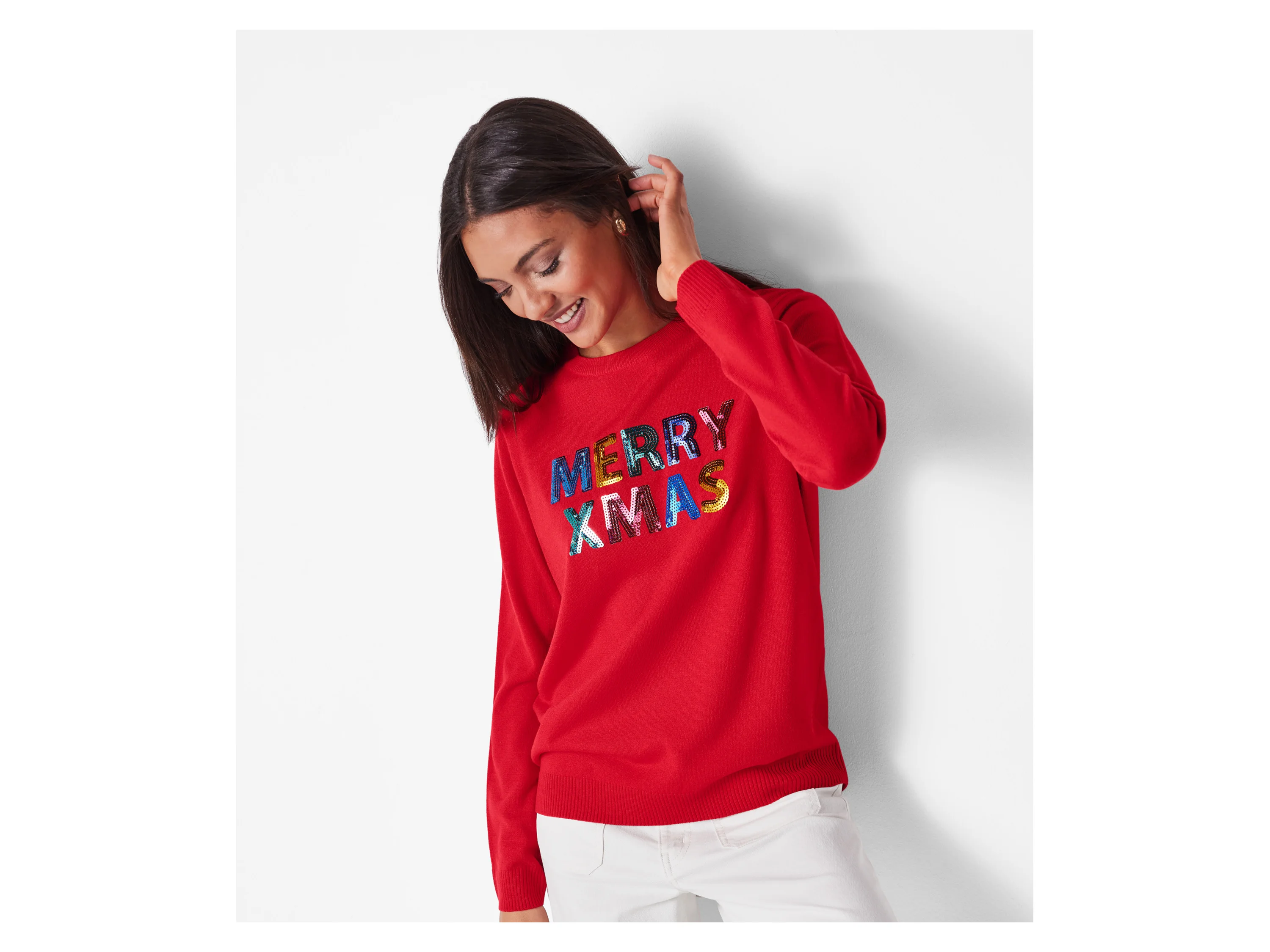 ESMARA® Damen Weihnachtspullover mit LED-Effekt / Weihnachtspullover mit Musik / Weihnachtspullover (Rot, S(36/38)) – Bild 2 von 4