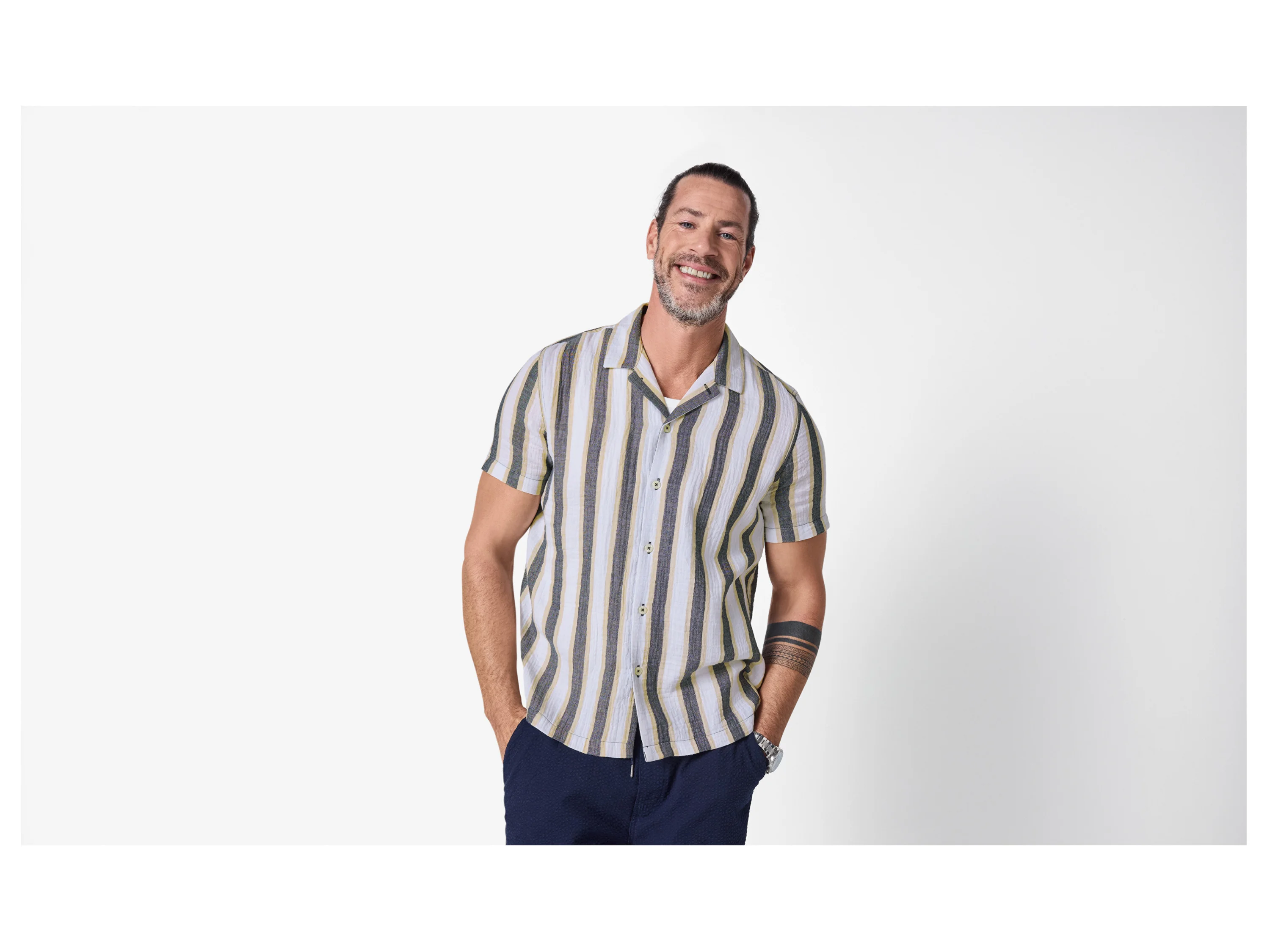 ESMARA MEN Musselin-Freizeithemd (Weiß/Grau, S (37/38)) – Bild 2 von 4
