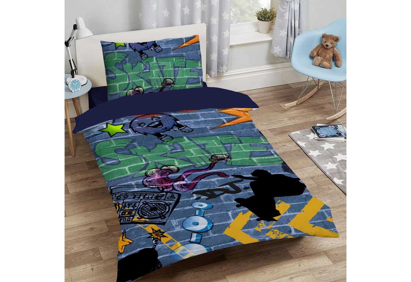 ESPiCO Jugendbettwäsche Graffiti, Renforcé, 2 teilig, Digitaldruck, Skateboard, Musik – Bild 4 von 5