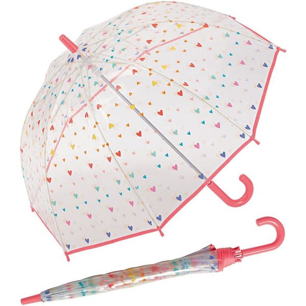 Esprit Stockregenschirm kleiner, leichter Transparentschirm für Kinder, mit niedlichem, bunten Herzen-Design für Mädchen