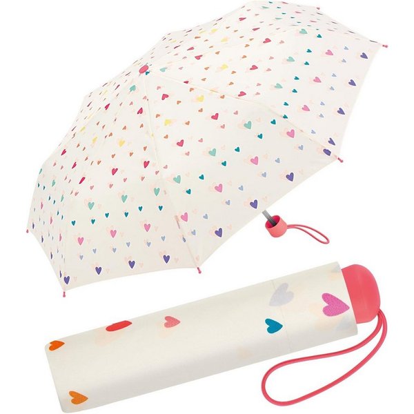 Esprit Taschenregenschirm kleiner, leichter Taschenschirm für Kinder, mit niedlichem, bunten Herzen-Design für Mädchen
